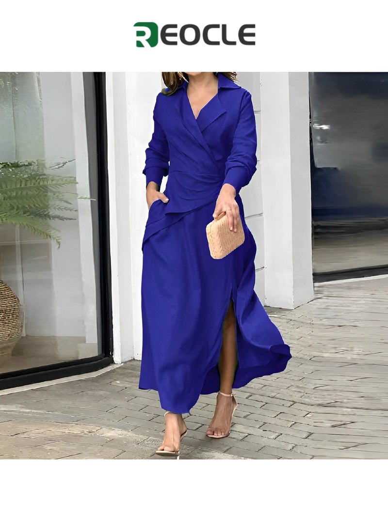 Green Dress Autumn New European and American Fashion Fashion Casual Solid Color V-neck Slit Long-sleeved Shirt Dress