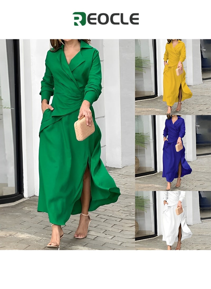 Green Dress Autumn New European and American Fashion Fashion Casual Solid Color V-neck Slit Long-sleeved Shirt Dress