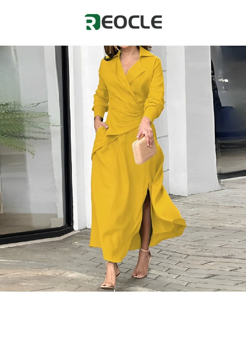 Green Dress Autumn New European and American Fashion Fashion Casual Solid Color V-neck Slit Long-sleeved Shirt Dress