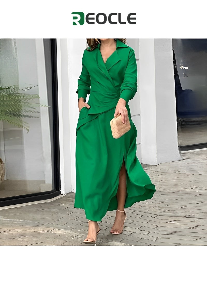 Green Dress Autumn New European and American Fashion Fashion Casual Solid Color V-neck Slit Long-sleeved Shirt Dress