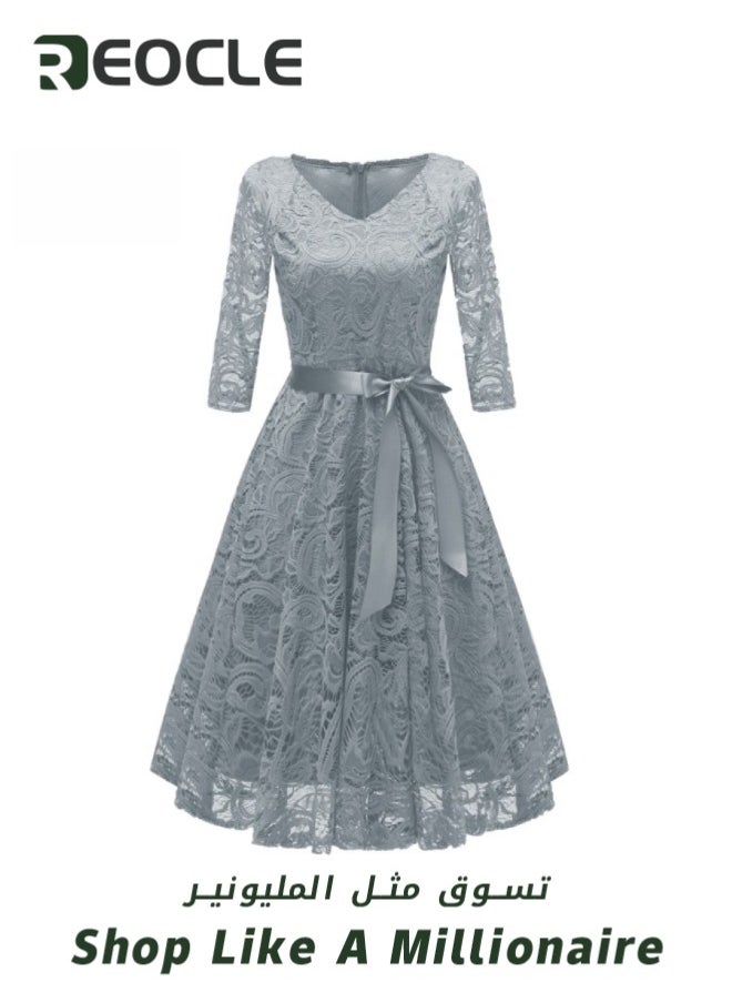 Women's Lace Dress Long Sleeve A-Line Midi Prom Gown Formal Party Dress Bridesmaid Wedding Guest Dress Vintage Floral Lace Cocktail Dress