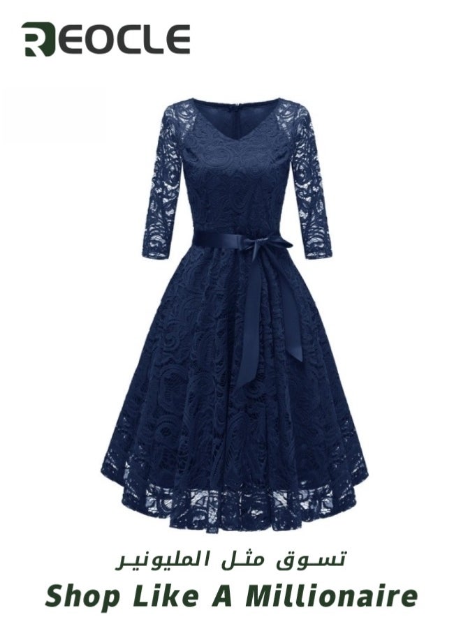 Women's Lace Dress Long Sleeve A-Line Midi Prom Gown Formal Party Dress Bridesmaid Wedding Guest Dress Vintage Floral Lace Cocktail Dress