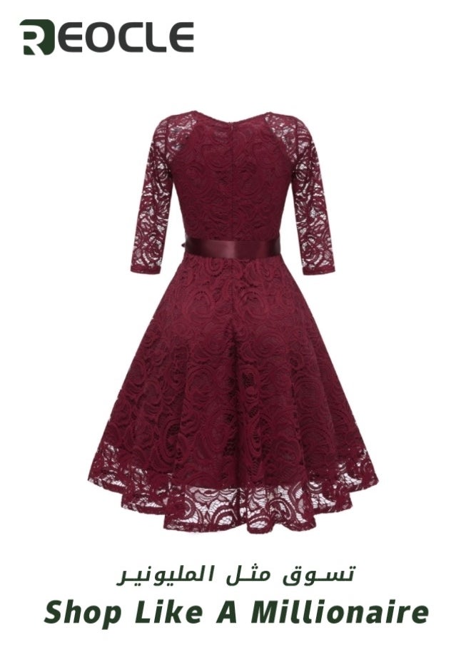 Women's Lace Dress Long Sleeve A-Line Midi Prom Gown Formal Party Dress Bridesmaid Wedding Guest Dress Vintage Floral Lace Cocktail Dress