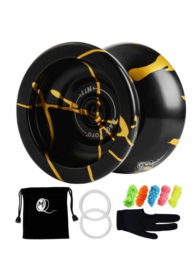 YOYO N11 Professional Unresponsive Yoyo N11 Alloy Aluminum YoYo Ball (Black with Golden) with Bag, Glove and 5 Strings