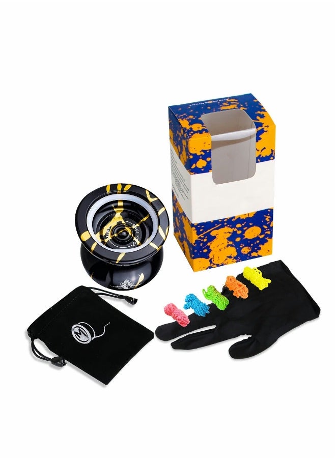 YOYO N11 Professional Unresponsive Yoyo N11 Alloy Aluminum YoYo Ball (Black with Golden) with Bag, Glove and 5 Strings