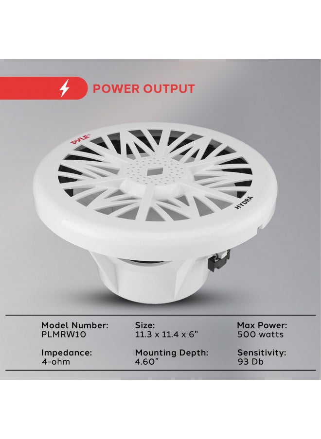Pyle 10-Inch Outdoor Marine Audio Subwoofer - 500 Watt Single White Waterproof Bass Loud Speaker For Marine Stereo Sound System, Under Helm or Box Case Mount in Small Boat, Water Vehicle - PLMRW10
