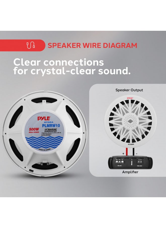 Pyle 10-Inch Outdoor Marine Audio Subwoofer - 500 Watt Single White Waterproof Bass Loud Speaker For Marine Stereo Sound System, Under Helm or Box Case Mount in Small Boat, Water Vehicle - PLMRW10