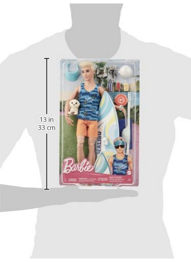 Ken® Doll With Surfboard And Pet Puppy, Poseable Blonde Ken® Beach Doll With Themed Accessories Like Towel