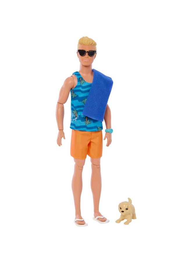 Ken® Doll With Surfboard And Pet Puppy, Poseable Blonde Ken® Beach Doll With Themed Accessories Like Towel