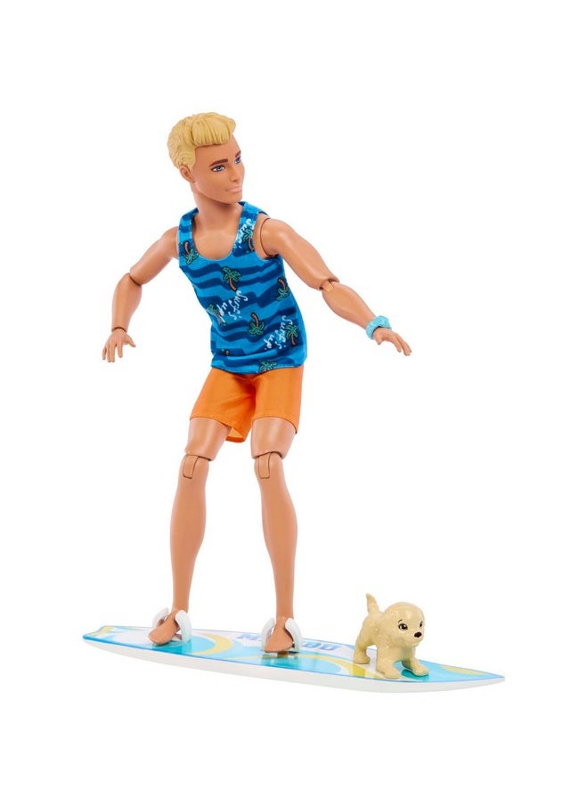 Ken® Doll With Surfboard And Pet Puppy, Poseable Blonde Ken® Beach Doll With Themed Accessories Like Towel