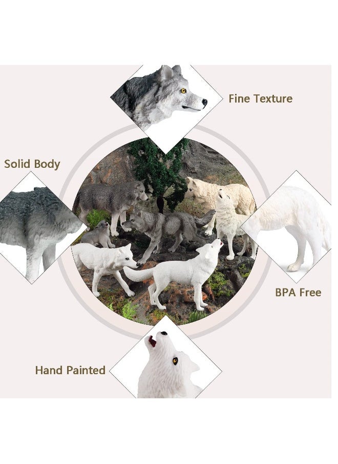 8PCS Realistic Wolf Toy Figures Set - Plastic Jungle Forest Wild Animal Figurines for Kids, Boys & Girls