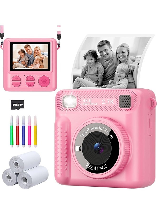 Instant Print Camera for Kids,Instant Camera for Girls Boys,Kids Camera Toys for Toddler 1080P HD Selfie Digital Camera with Print Paper & 32G Card,Birthday Gifts for Girls Age 3-12 Years Old