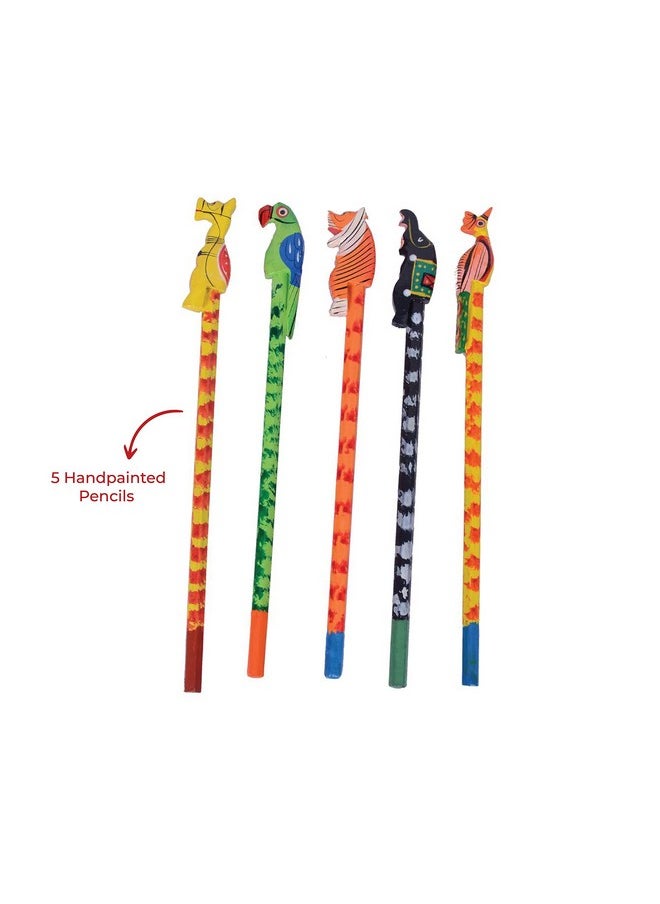 Handpainted Animal & Bird Design Pencils (Set Of 5) Colorful Wooden Pencils For Kids, Children | School Stationery Supplies | Birthday Party Gifts | Eco-Friendly, Non-Toxic, Made In India