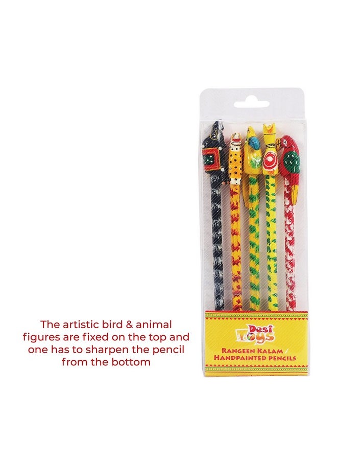 Handpainted Animal & Bird Design Pencils (Set Of 5) Colorful Wooden Pencils For Kids, Children | School Stationery Supplies | Birthday Party Gifts | Eco-Friendly, Non-Toxic, Made In India