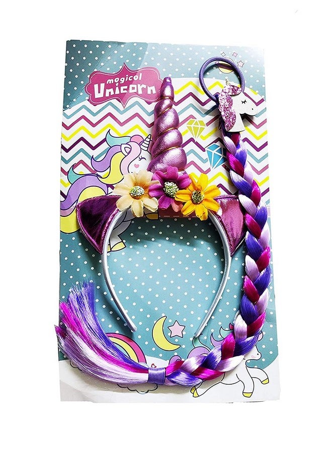 Metallic Unicorn Headband With Color Hair/Unicorn Hairband With Rainbow Hairs/Unicorn Party Prop/Metallic Unicorn Hairband With Braid Multicolor (Pink)