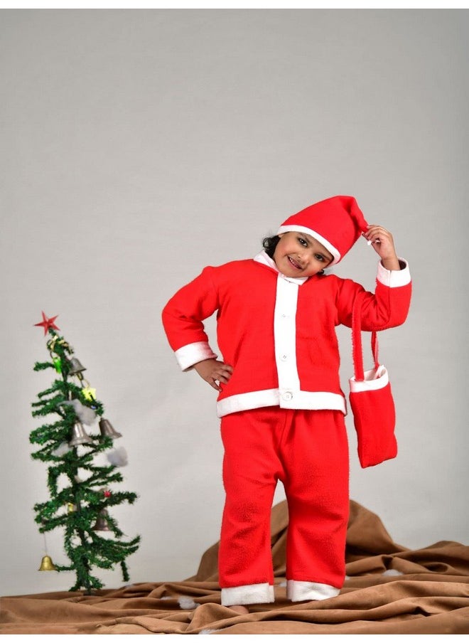 Santa Claus Dress Set Of 4 (Jacket, Bottom, Bag, & Cap) Kids & Adults Christmas Costume 7-8 Years