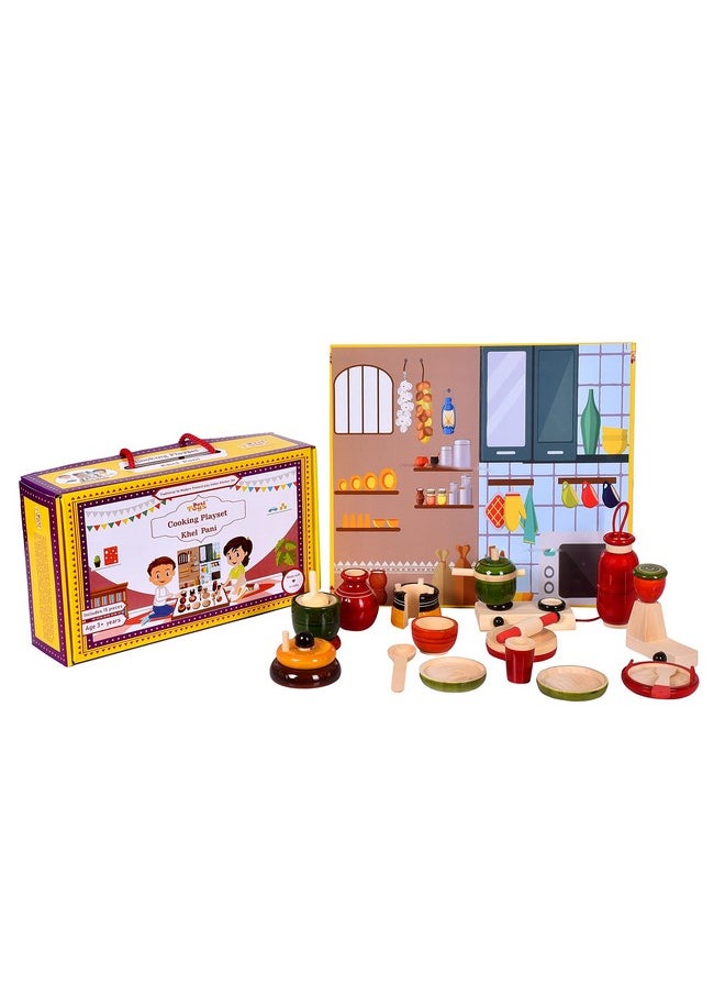 Wooden Kitchen Pretend Play Set - 15-Piece Miniature Cooking Playset | Bhatukali Traditional Indian Toys | Vintage Wooden Kitchen Collectible | Classic Home Decor Showpiece | Made In India