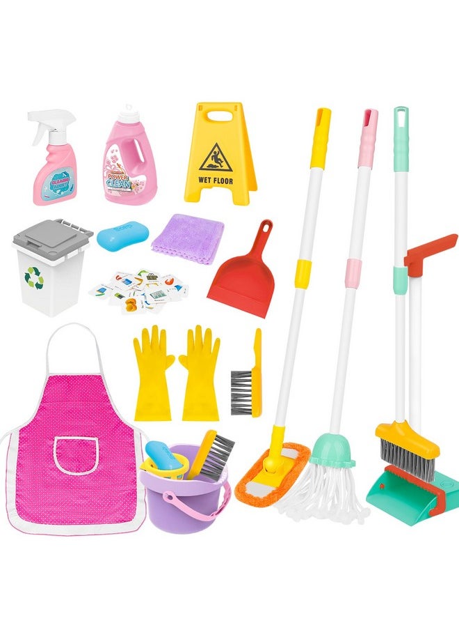 Kids Cleaning Set 17 Pcs,Toy Cleaning Set Includes Broom,Mop,Brush,Dust Pan,Duster,Sponge,Clothes,Spray, Bucket, Caution Sign,Pretend Housekeeping Play Set