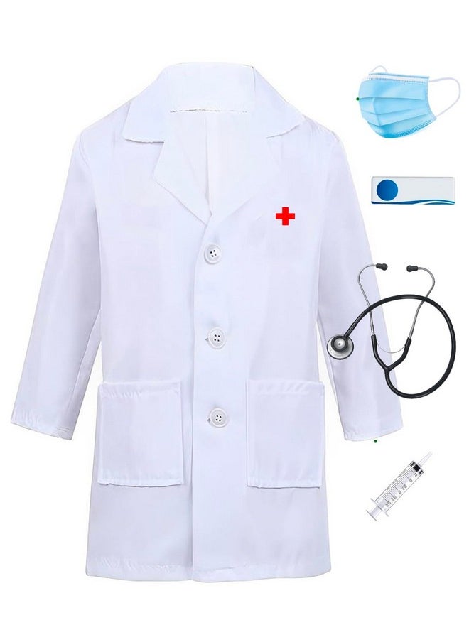 Polyester Doctor Dress For Girls And Boys With Strethoscope, Mask, Syringe And Name Badge (5-6 Years), White