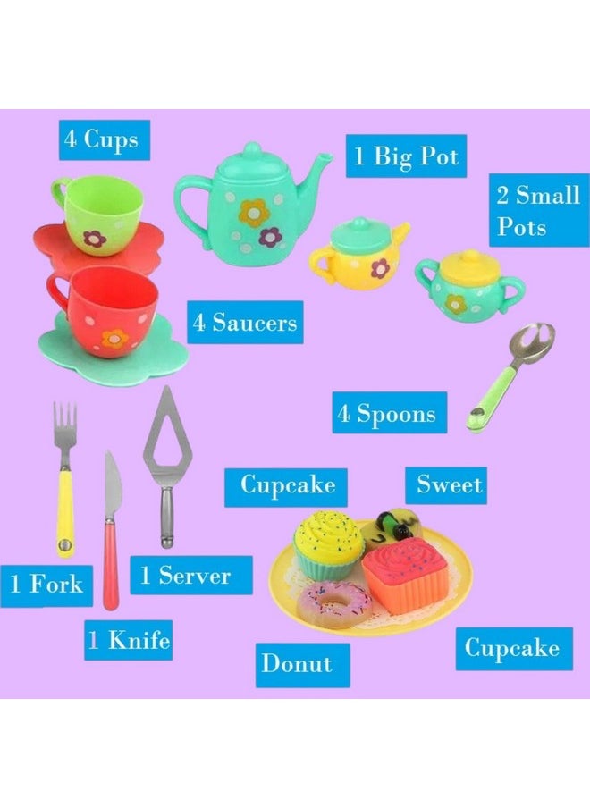 Plastic Tea Party Pretend Play Kitchen Utensils Toy Set With Cake For Kids