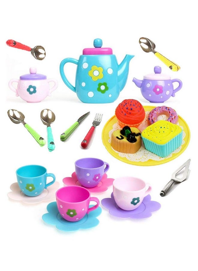 Plastic Tea Party Pretend Play Kitchen Utensils Toy Set With Cake For Kids