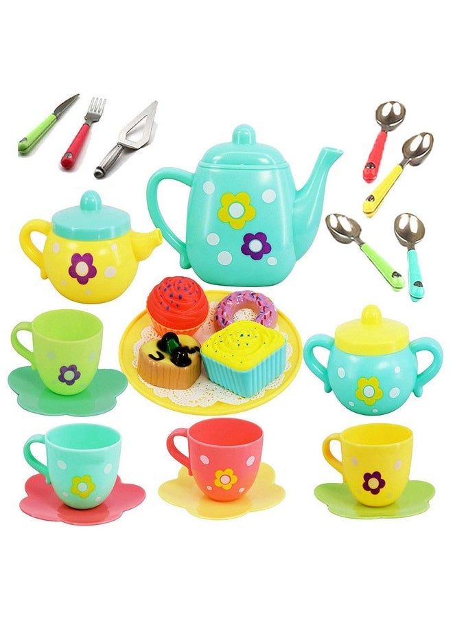 Plastic Tea Party Pretend Play Kitchen Utensils Toy Set With Cake For Kids