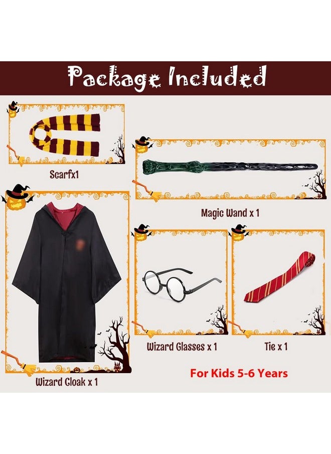 ® Polyester Gryffindor Costume Set Halloween Costume Set Of 5Pcs Magic Ha*Ry Pottery Costume Set With Glasses, Magic Wand, Robe, Scarf, Tie, Cosplay Costume For Kids 125-135Cm Height