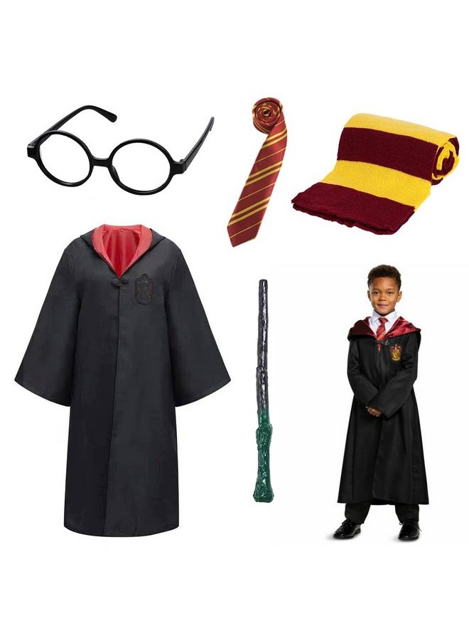 ® Polyester Gryffindor Costume Set Halloween Costume Set Of 5Pcs Magic Ha*Ry Pottery Costume Set With Glasses, Magic Wand, Robe, Scarf, Tie, Cosplay Costume For Kids 125-135Cm Height