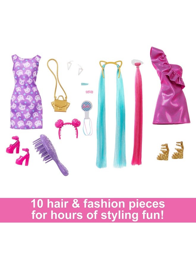 ® Doll, Fun & Fancy™ Hair With Extra-Long Colorful Blonde Hair And Glossy Pink Dress, 10 Hair And Fashion Play Accessories