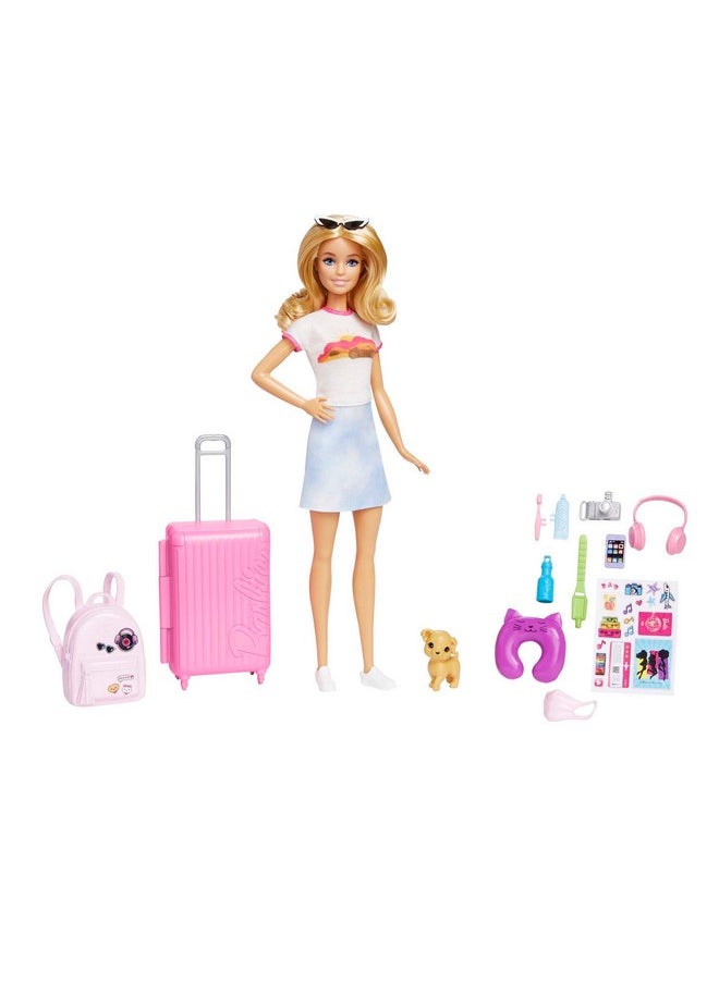 Doll And Accessories, “Malibu” Travel Set With Puppy And 10+ Pieces Including Working Suitcase