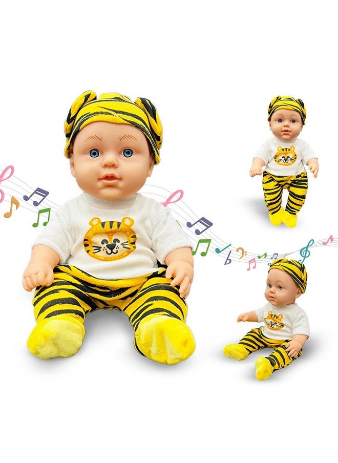 Cute Little Baby Doll For Girls Boys Kids Toddlers In Tiger Print Dress 5 Different Sounds Making Roleplay Toys With Rotatable Legs Arms Hands & Press Mechanism Sound