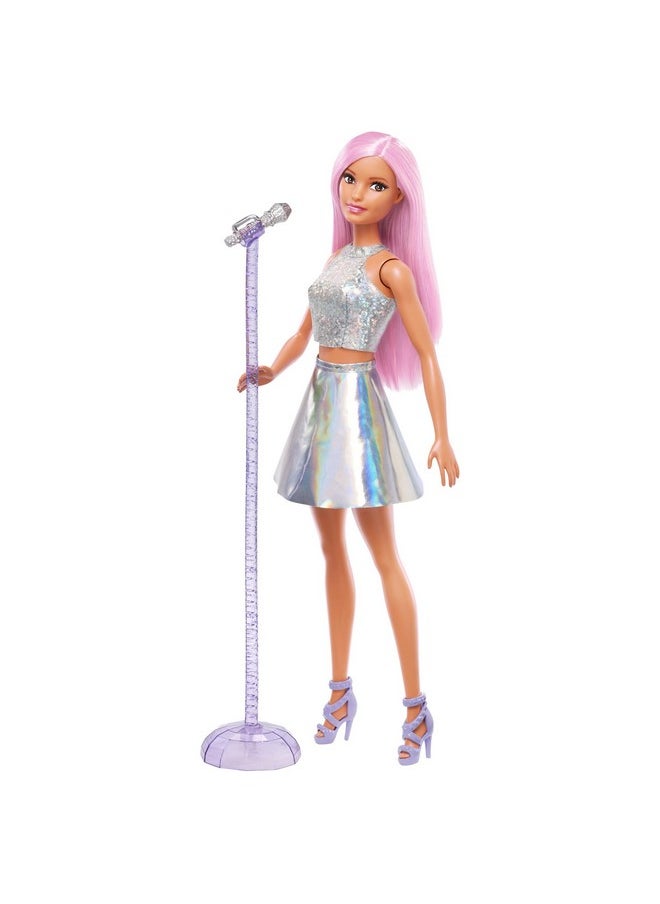 Pop Star Doll Dressed In Iridescent Skirt With Microphone And Pink Hair, Gift For 3 To 7 Year Olds