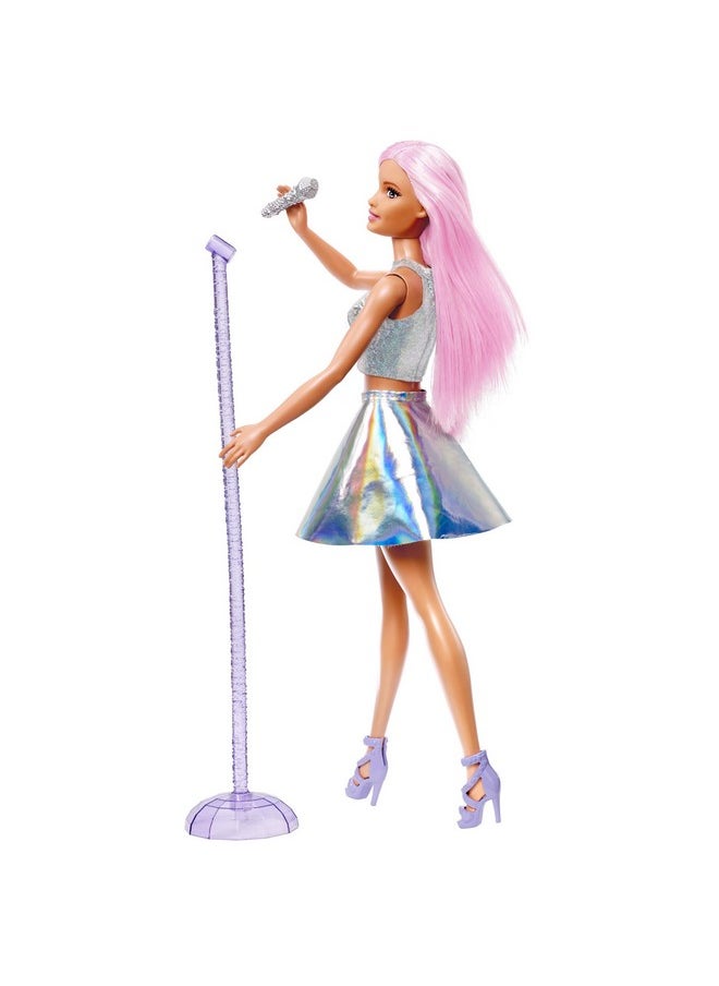 Pop Star Doll Dressed In Iridescent Skirt With Microphone And Pink Hair, Gift For 3 To 7 Year Olds