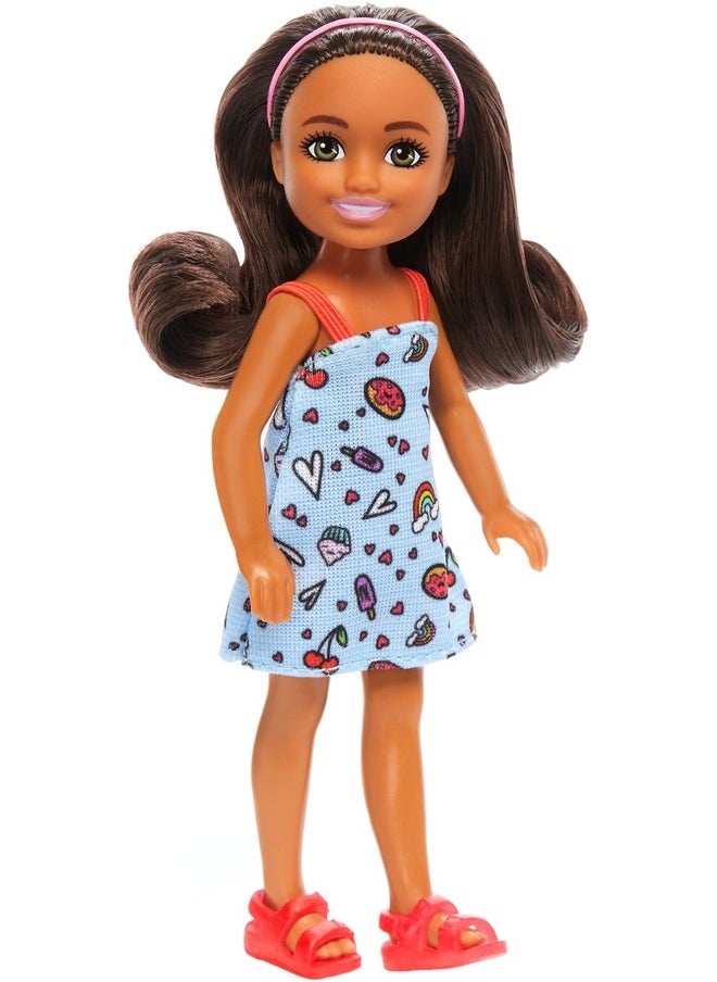 Chelsea Doll, Small Doll Wearing Removable Blue Dress With Colorful Print & Pink Shoes, Brown Hair & Green Eyes