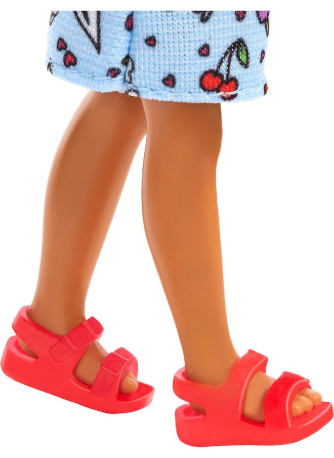 Chelsea Doll, Small Doll Wearing Removable Blue Dress With Colorful Print & Pink Shoes, Brown Hair & Green Eyes