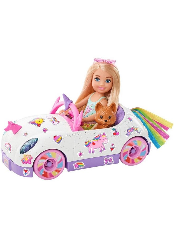 Club Chelsea™ Doll (6-Inch Blonde) With Open-Top Rainbow Unicorn-Themed Car, Pet Puppy, Sticker Sheet & Accessories, Gift For Ages 3 And Up