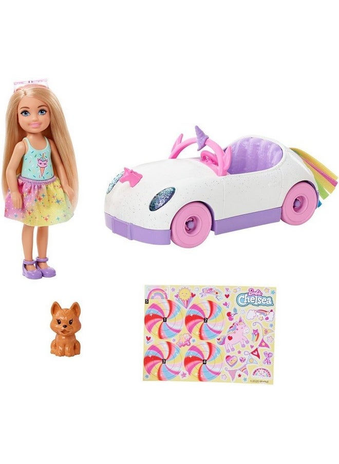 Club Chelsea™ Doll (6-Inch Blonde) With Open-Top Rainbow Unicorn-Themed Car, Pet Puppy, Sticker Sheet & Accessories, Gift For Ages 3 And Up