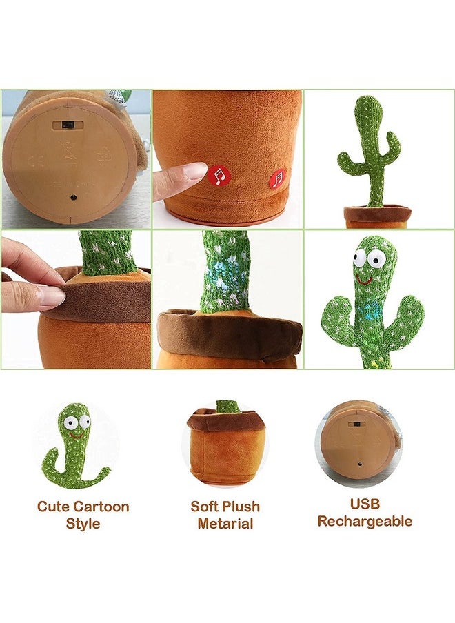 Dancing Cactus Talking Plush Toy With Singing & Recording Function Rechargeable - Repeat What You Say Electronic Light Up Interactive Toy For Toddler With Usb Charging Cable - Pack Of 1