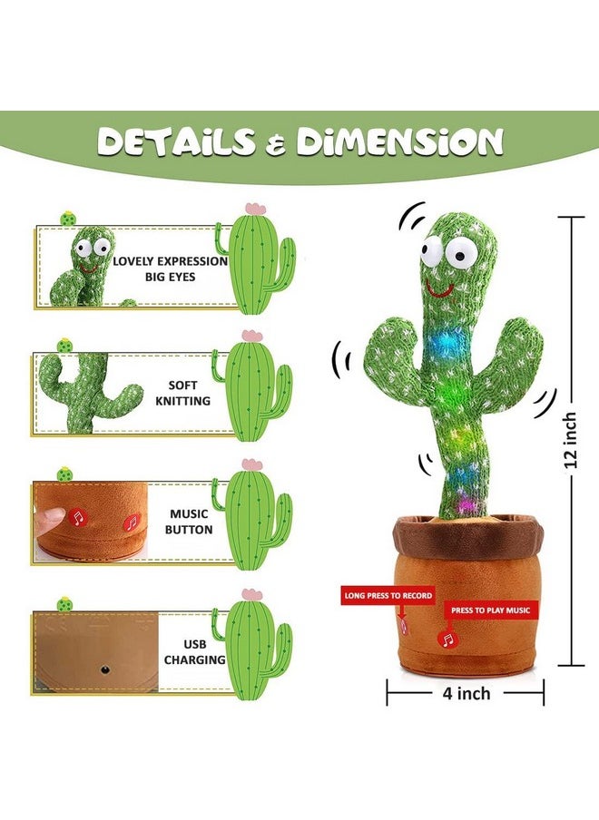 Dancing Cactus Talking Plush Toy With Singing & Recording Function Rechargeable - Repeat What You Say Electronic Light Up Interactive Toy For Toddler With Usb Charging Cable - Pack Of 1