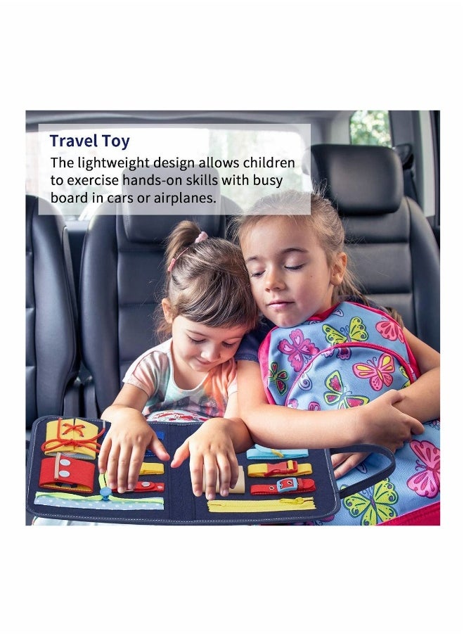 Toddler Busy Board, Montessori Toy Gifts for Fine Motor Skills & Learn to Dress, Sensory Toy for Aeroplane or Car Travel