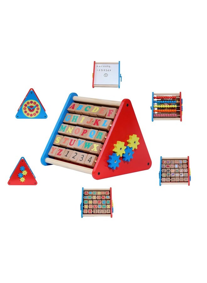 5 In 1 Wooden Activity Centre Triangle Toy With Alphabet, Blocks, Abacus, Clock, White Board; Montessori Learning Toy For Babies Of 1-5 Year Old