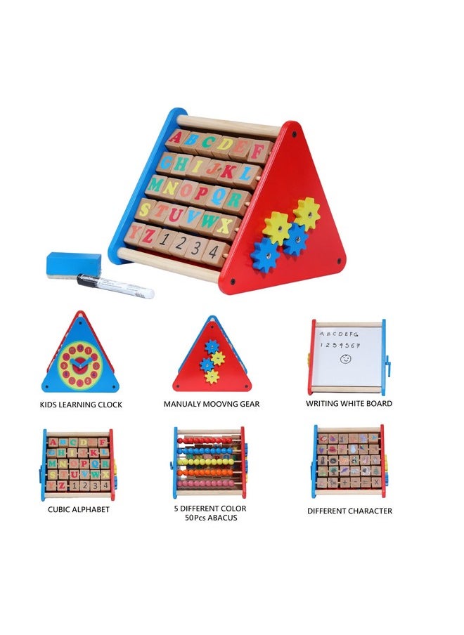 5 In 1 Wooden Activity Centre Triangle Toy With Alphabet, Blocks, Abacus, Clock, White Board; Montessori Learning Toy For Babies Of 1-5 Year Old