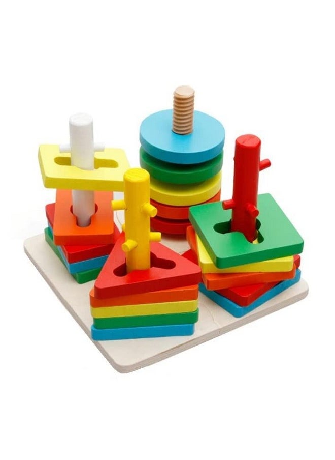 Wooden 4 Shape Sorting & Stacking Toys For Toddlers, Montessori Color Recognition Stacker, Early Educational Blocks Puzzles 1-3 Years Old Age Boys And Girls (4 Shapes) (20 Pieces)