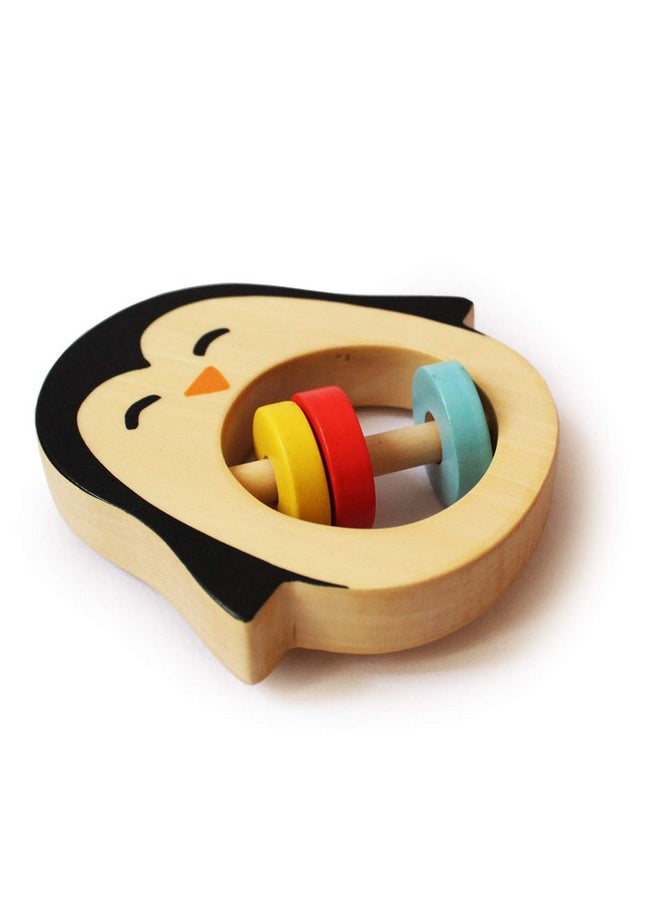 Handmade Wooden Penguin Rattle (6 Months+) | Multicolor | Teething Toy | Natural Wood & Beeswax Sealer Ages | Organic & Safe | Natural & Non Toxic Materials