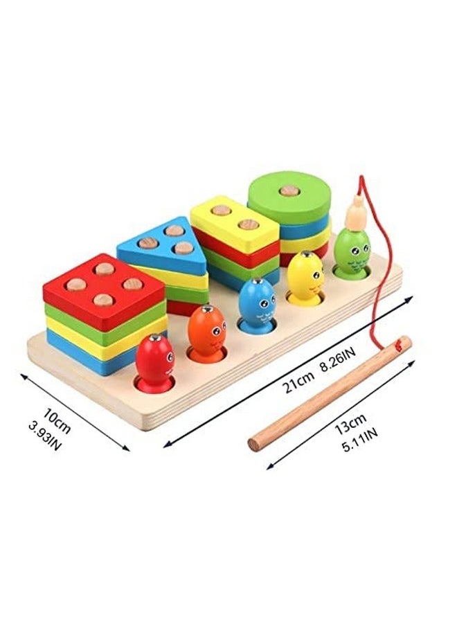 2 In 1 Wooden Blocks Puzzle Sorting And Stacking Socket Fishing Pole Game Play Set Early Education Learning Toy For Kids (4 Shape Sorter With 5 Magnetic Fish) Dm-32