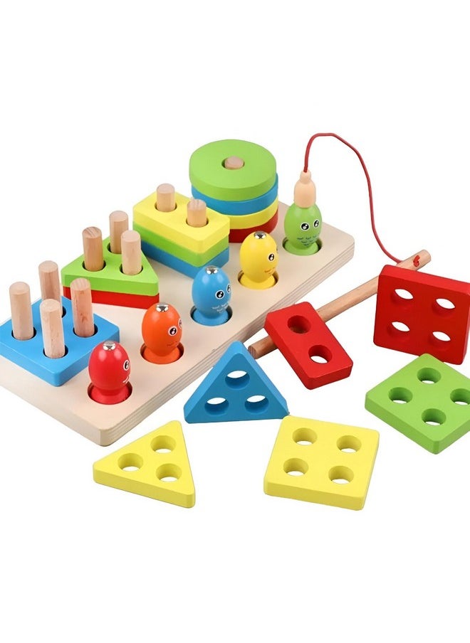 2 In 1 Wooden Blocks Puzzle Sorting And Stacking Socket Fishing Pole Game Play Set Early Education Learning Toy For Kids (4 Shape Sorter With 5 Magnetic Fish) Dm-32