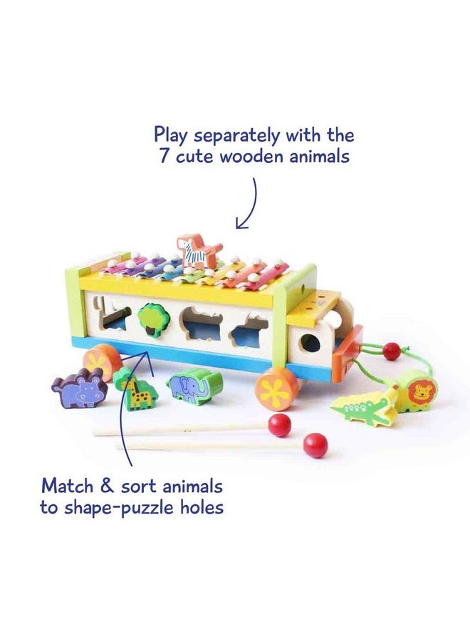 Wooden 3-In-1 Pull-Along Musical(Xylophone) & Animal Shape Sorting Truck Toy (2 Years+) | Multicolor | Made With Wood | Encourage Walking, Build Gross Motor Skills | Natural & Safe