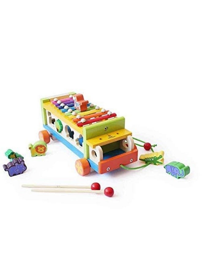 Wooden 3-In-1 Pull-Along Musical(Xylophone) & Animal Shape Sorting Truck Toy (2 Years+) | Multicolor | Made With Wood | Encourage Walking, Build Gross Motor Skills | Natural & Safe