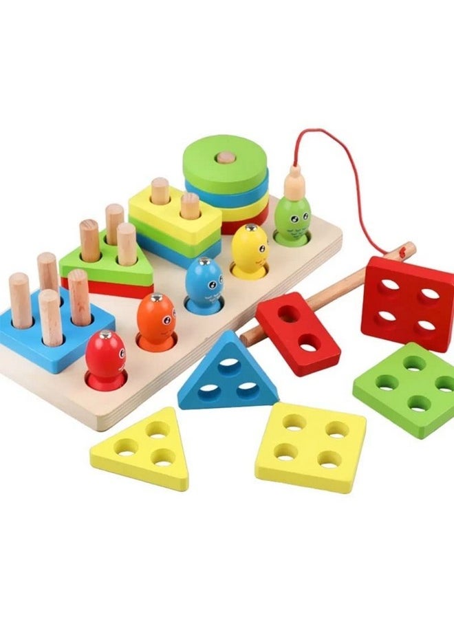 2 In 1 Wooden Blocks Puzzle Sorting And Stacking Socket Fishing Pole And Xylophone Toy - Early Education Learning Toy For Kids