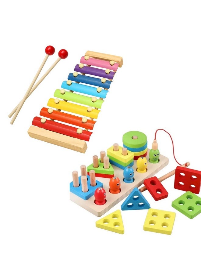 2 In 1 Wooden Blocks Puzzle Sorting And Stacking Socket Fishing Pole And Xylophone Toy - Early Education Learning Toy For Kids